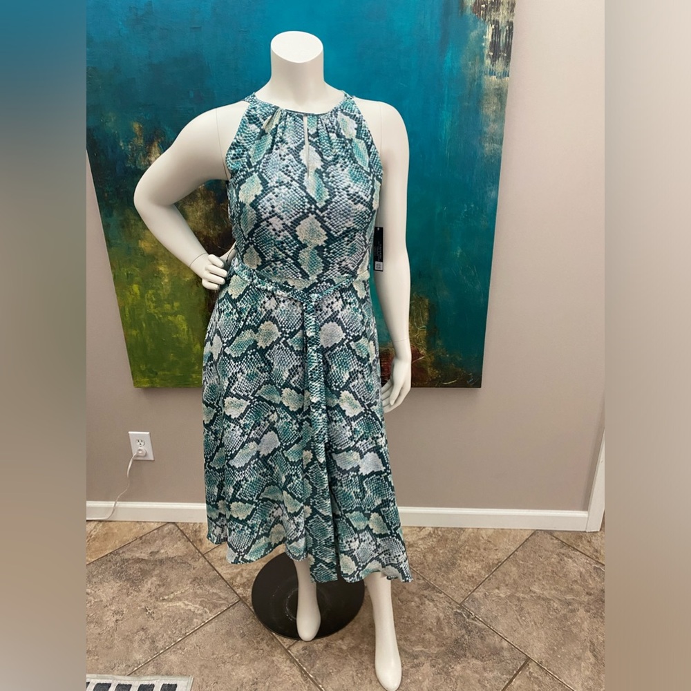 Tahari midi dress teal green and natural snake pattern. Size 12. NWT.